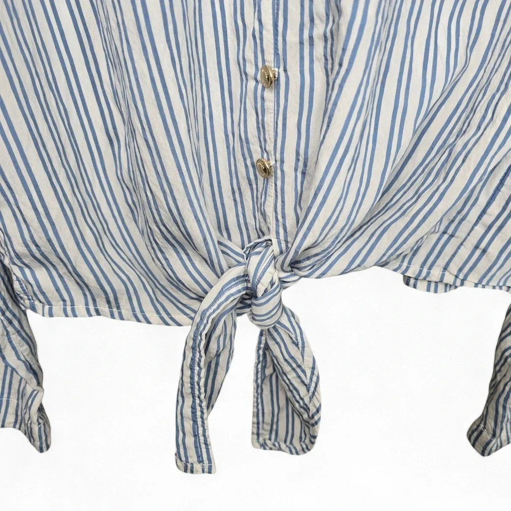 Michael Kors Top Womens Small Blue Striped Semi Sheer Crop Waist Tie Long Sleeve
